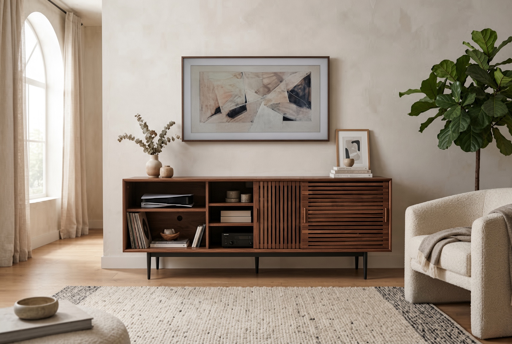 Interior view of the Wood Media Console storage.